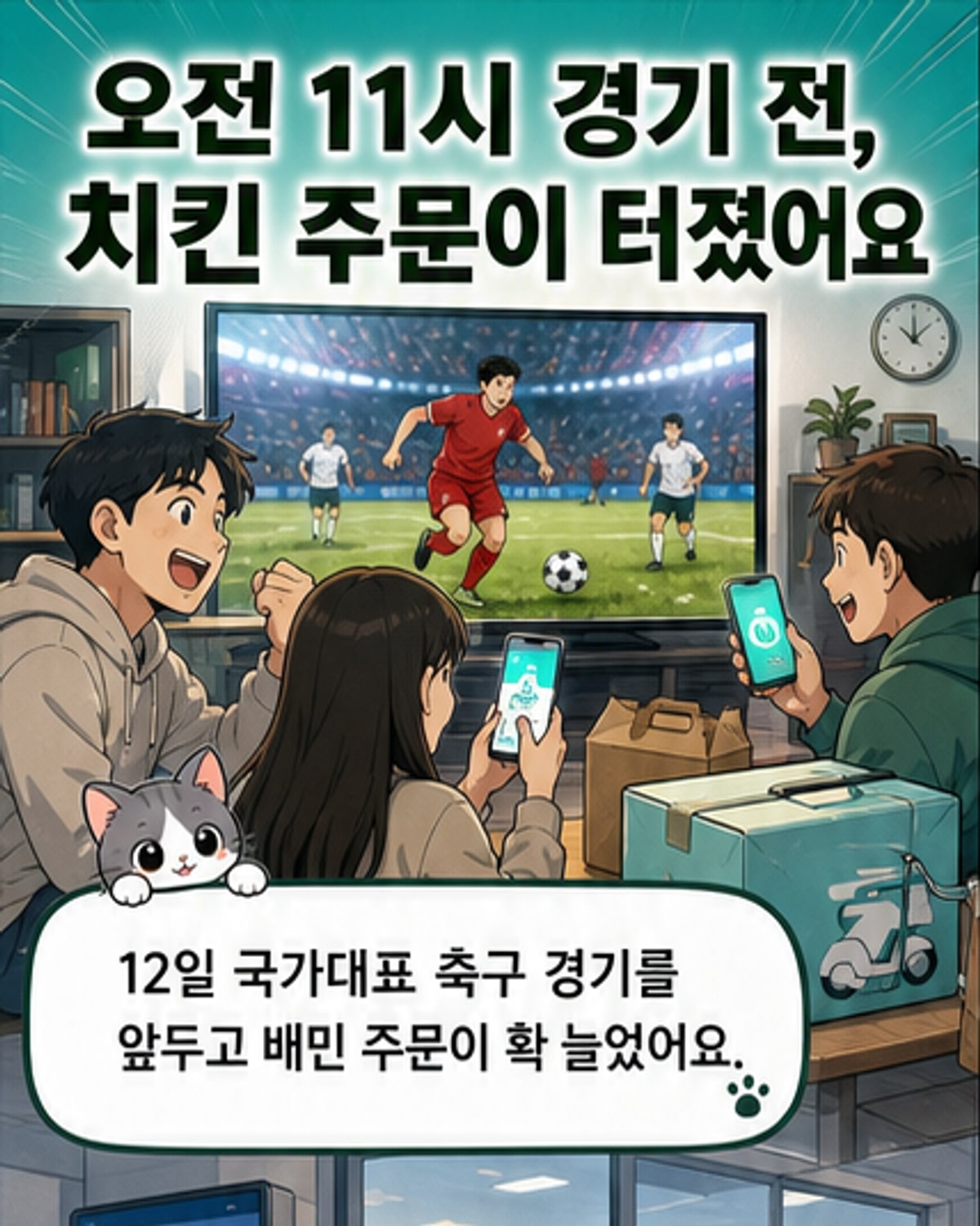배달의민족 앱 화면과 치킨 배달 상자 위에 축구공이 올려진 일러스트