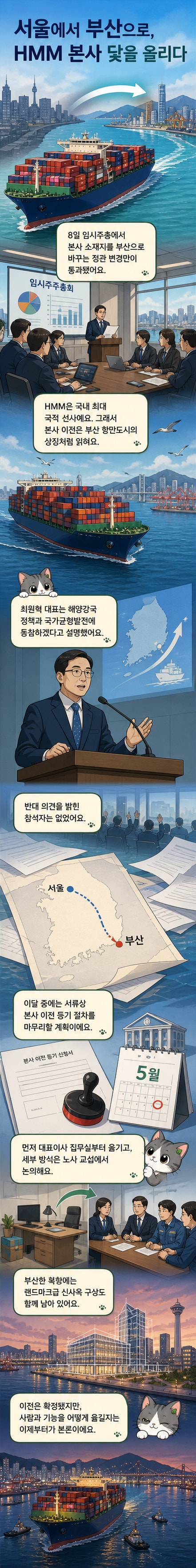 HMM 본사 건물 외관과 부산항 랜드마크 조감도가 함께 있는 일러스트. 서울에서 부산으로 이전하는 화살표 시각화.