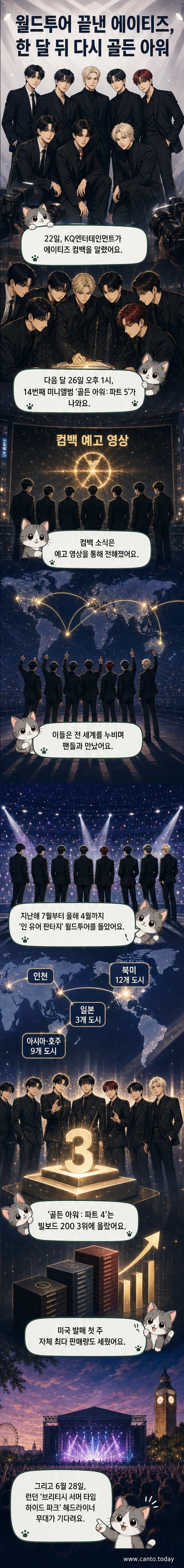 에이티즈의 컴백 예고 영상 캡처 이미지. 그룹 멤버들이 화려한 조명 아래 포즈를 취하고 있다.