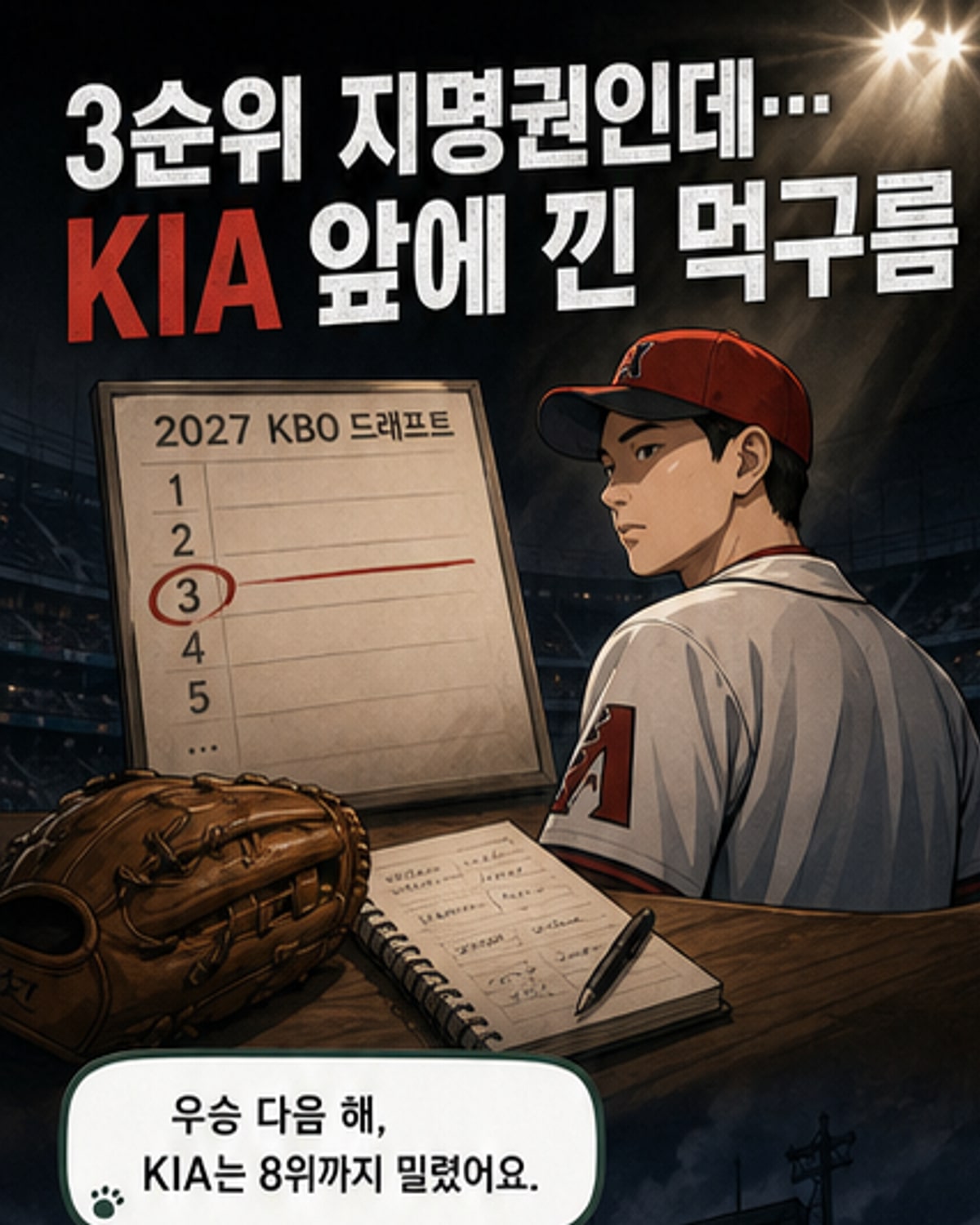 KIA 타이거즈 로고와 함께 어두운 하늘 아래 드래프트 지명권을 들고 있는 듯한 일러스트. 배경에는 미국행 비행기와 KBO 유망주들의 실루엣이 겹쳐져 있다.