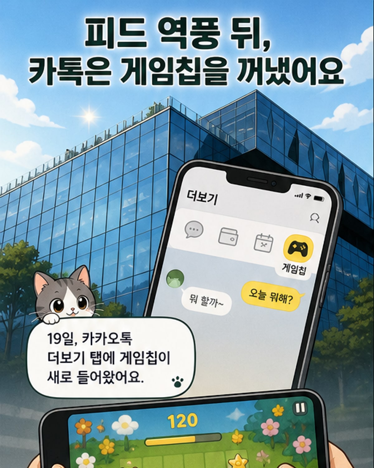 카카오톡 더보기 탭에 게임칩 아이콘이 추가된 화면. 카카오프렌즈 캐릭터들이 게임을 즐기는 일러스트와 함께 다양한 캐주얼 게임들이 나열되어 있음