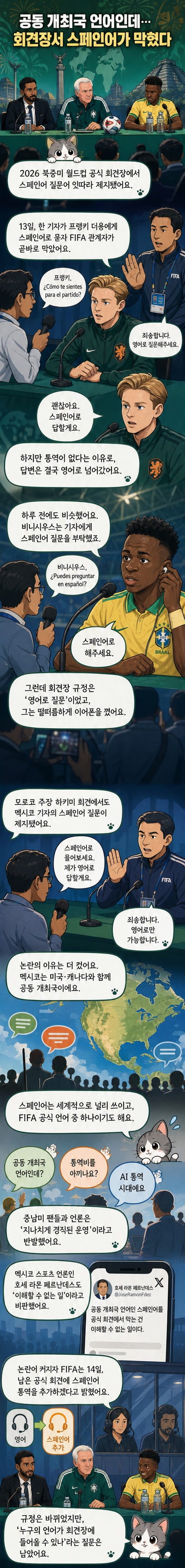 기자회견장에서 스페인어 질문을 제지당한 후 떨떠름한 표정의 기자와 FIFA 관계자