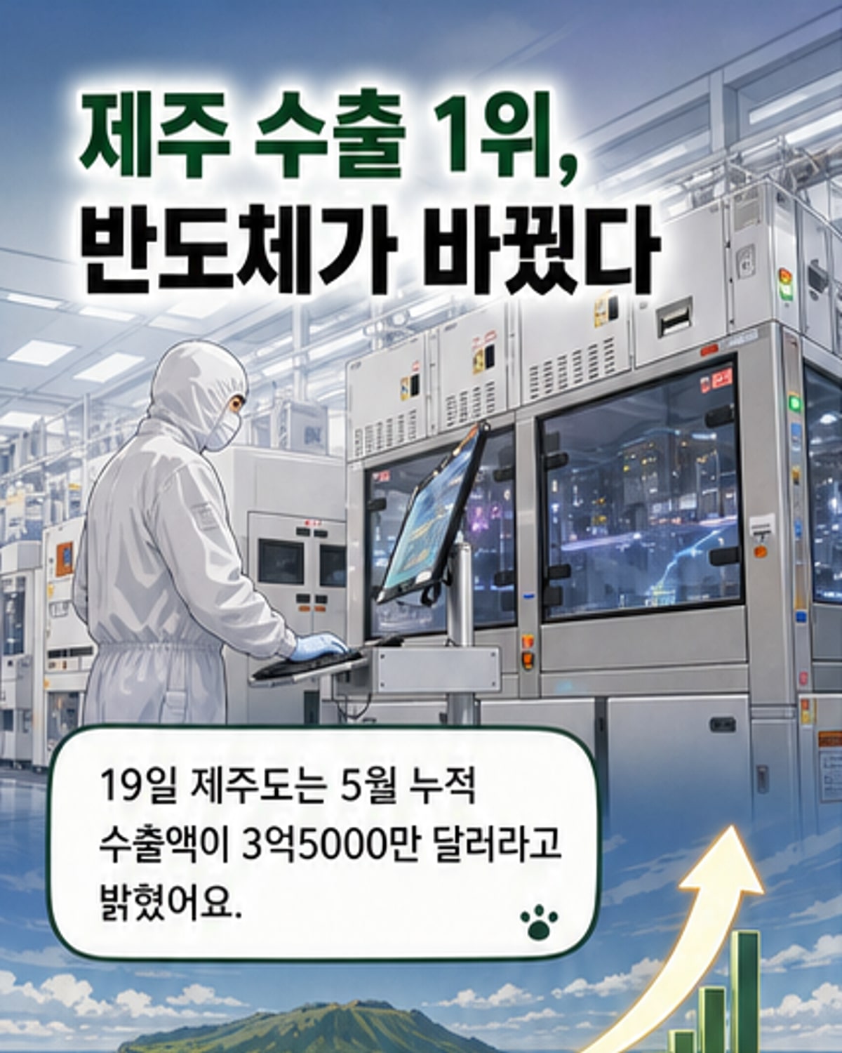제주도에서 생산된 반도체 칩 이미지와 수출 통계 그래프