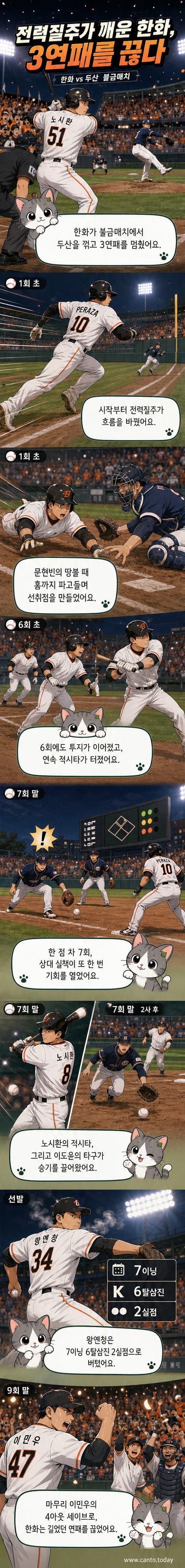 한화 이글스 선수가 타석에서 방망이를 휘두르고 있고, 왕옌청이 마운드에서 투구 포즈를 취한 이미지