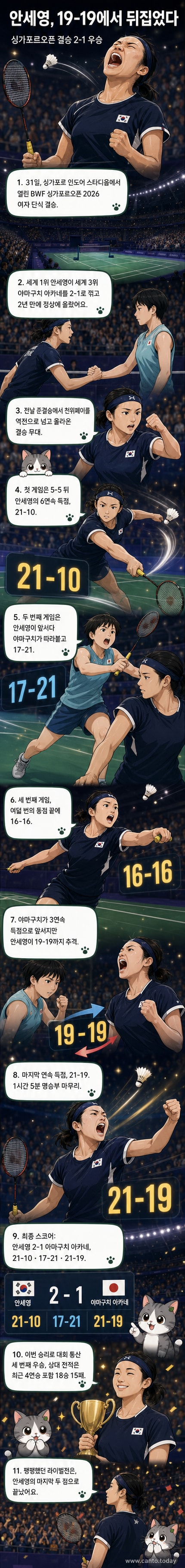 안세영이 승리 후 라켓을 들어 올리며 웃고 있고, 야마구치 아카네가 미소 띤 채 다가오는 모습