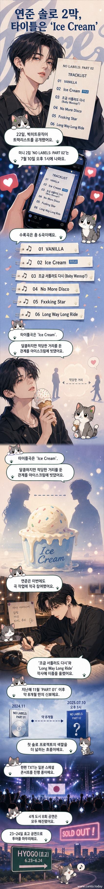 투모로우바이투게더 연준의 솔로 2집 'NO LABELS: PART 02' 트랙리스트 이미지. 타이틀곡 'Ice Cream'과 수록곡 목록이 표시되어 있다.
