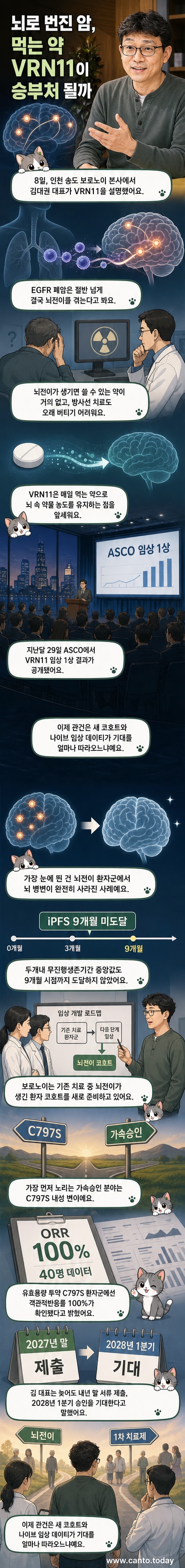 보로노이의 신약 VRN11이 뇌전이 폐암 치료에서 뇌 병변 완전 소실 성과를 거두며 새로운 치료 가능성을 보여주는 시각적 설명