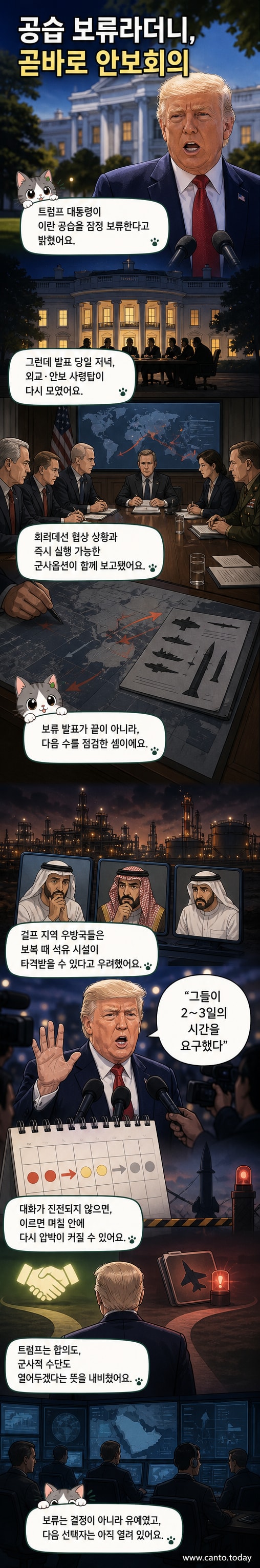 트럼프 대통령이 백악관에서 기자들과 대화하는 모습. 뒤로는 미국 국기와 회의실이 보인다.