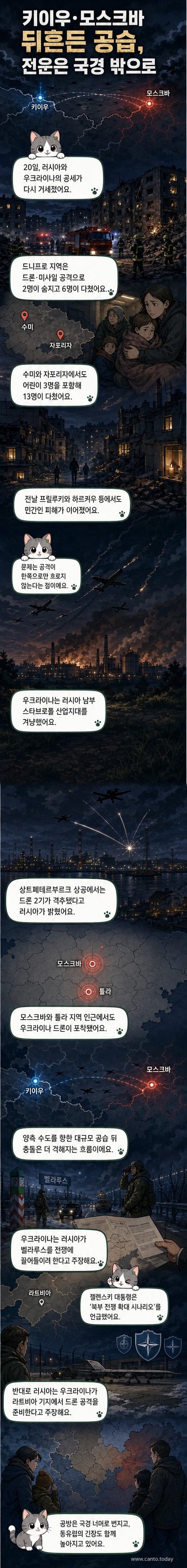 러시아와 우크라이나 국경 근처에서 드론이 날아오르는 애니메이션 이미지. 배경은 어두운 밤하늘과 폭발 연기.