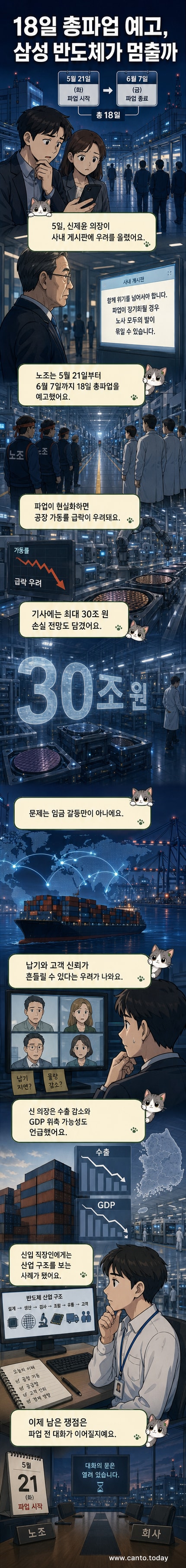 삼성전자 로고와 반도체 공장 일러스트 사이에 파업을 경고하는 신제윤 이사회 의장의 모습이 담긴 커버 패널