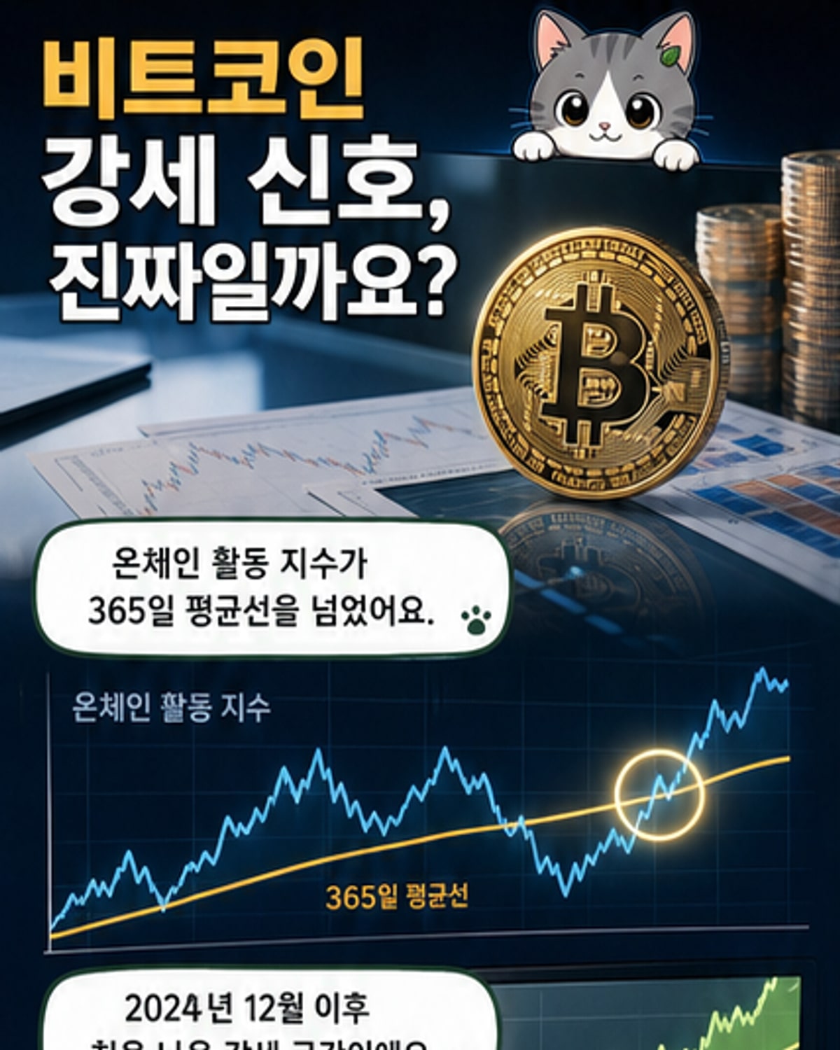 비트코인 그래프 위에 상승 화살표와 소액 거래를 나타내는 미니 코인들이 떠 있는 디지털 일러스트