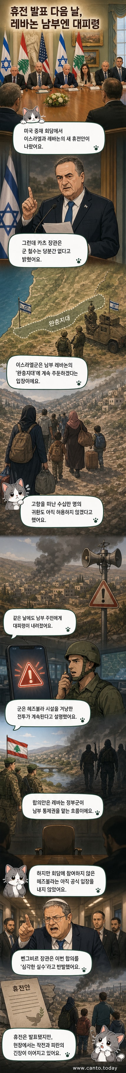이스라엘-레바논 평화 회담 장면과 레바논 남부에서 연기를 피우는 마을 전경