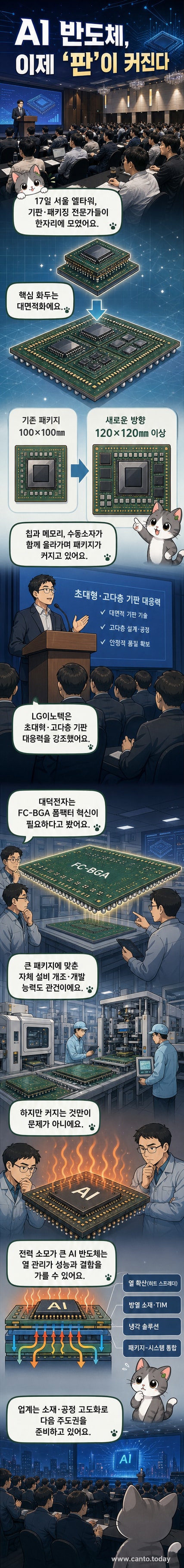 서울 엘타워에서 열린 'AI 반도체 시대, 판이 바뀐다' 컨퍼런스 현장. 강연자 뒤로 AI 반도체 패키지 기술 변화를 설명하는 배경판이 보이고, 참석자들이 발표를 경청하고 있다.