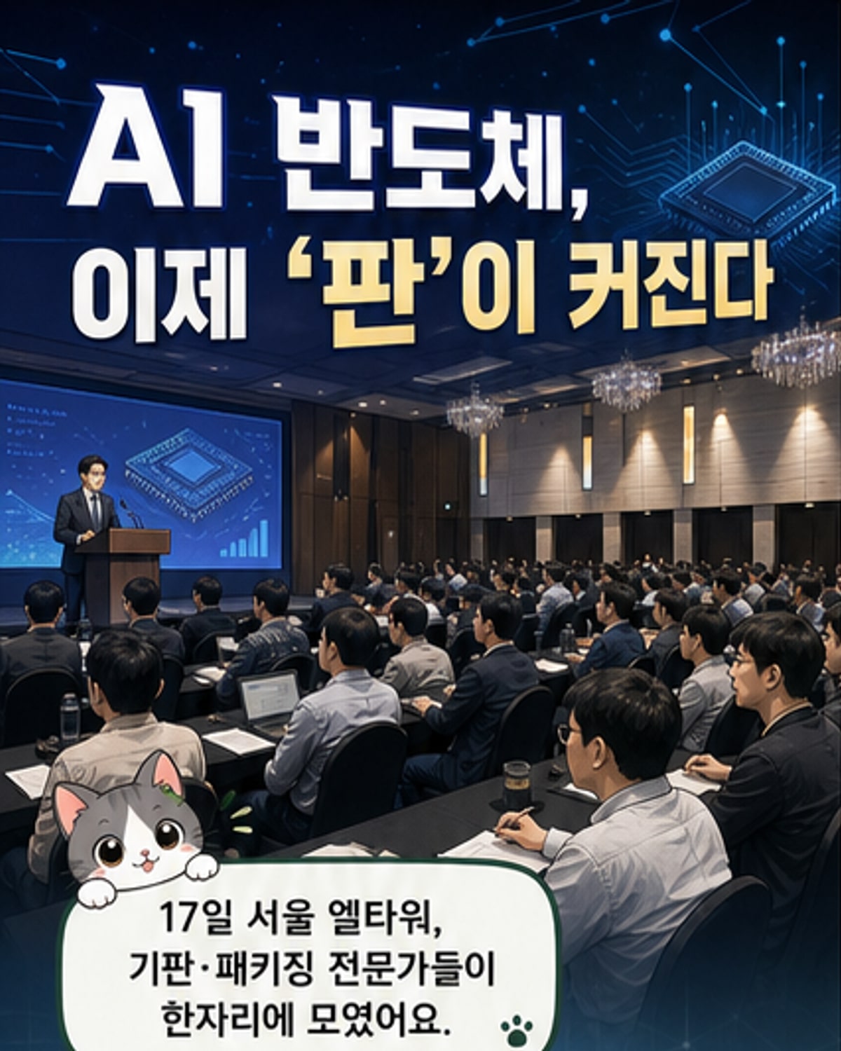 서울 엘타워에서 열린 'AI 반도체 시대, 판이 바뀐다' 컨퍼런스 현장. 강연자 뒤로 AI 반도체 패키지 기술 변화를 설명하는 배경판이 보이고, 참석자들이 발표를 경청하고 있다.