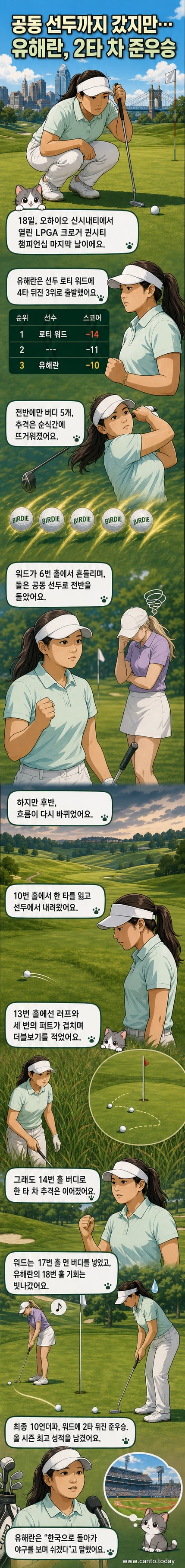 골프 코스 위에서 우승을 축하하는 로티 워드와 아쉬운 표정의 유해란