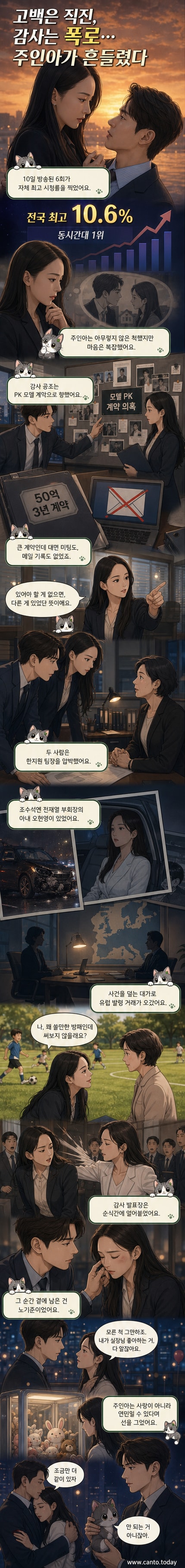 신혜선과 공명이 등장하는 '은밀한 감사' 드라마 스틸 컷. 어두운 배경 속에서 서로를 마주보며 긴장된 감정을 주고받는다.