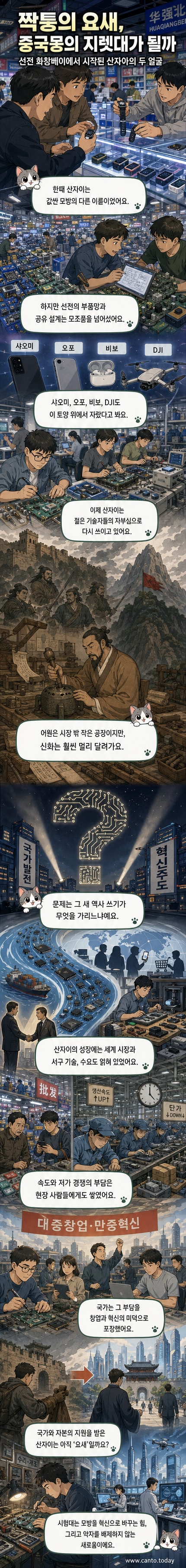 선전 화창베이 전자상가에서 다양한 전자제품이 진열된 모습. 저가형 스마트워치와 드론, 로봇 등이 보이며, 중국의 산자이 기술 생태계를 상징한다.
