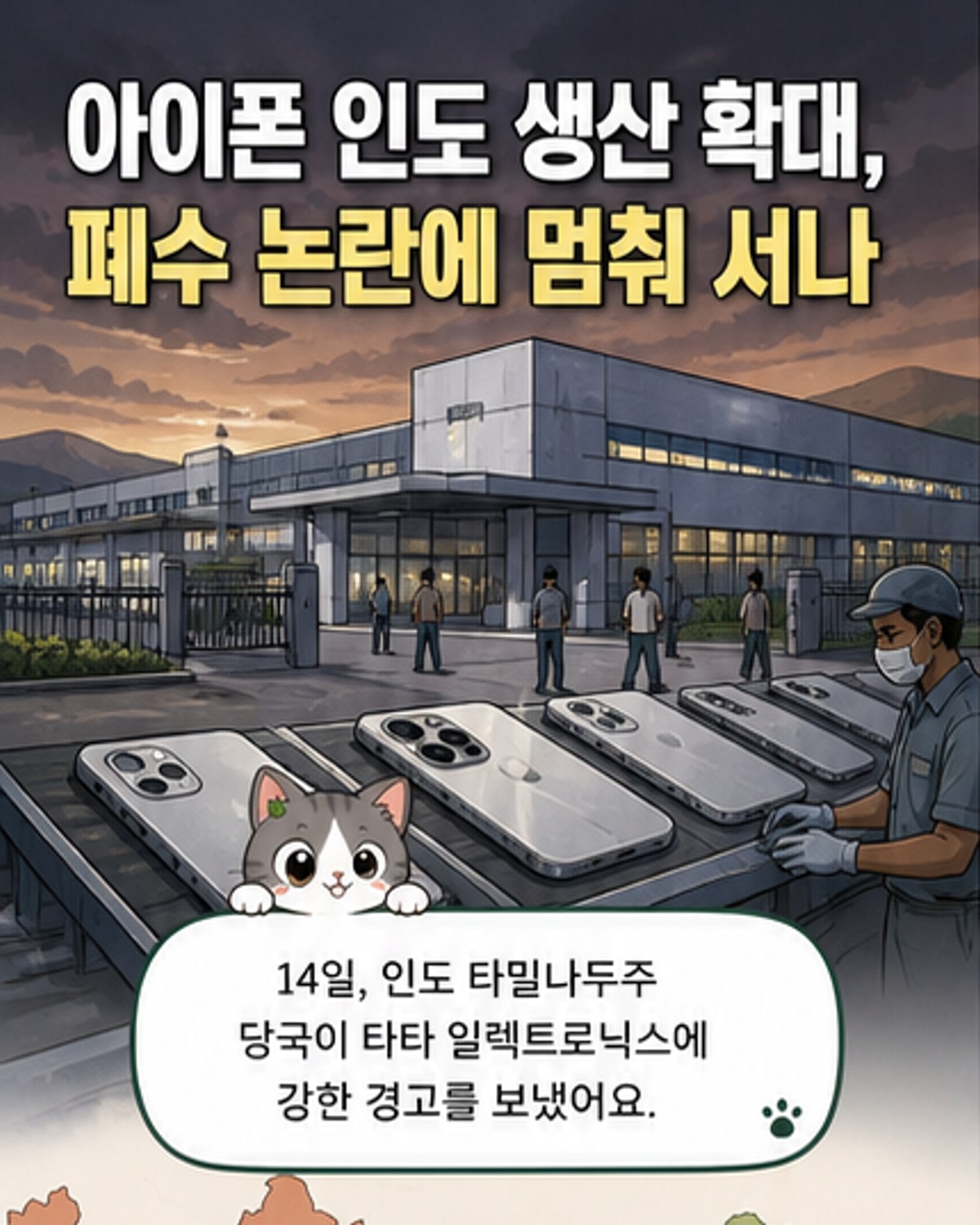 아이폰 로고와 인도 지도가 배경에 있고, 앞면에는 공장에서 흘러나오는 오염된 물이 땅을 타고 흐르는 일러스트