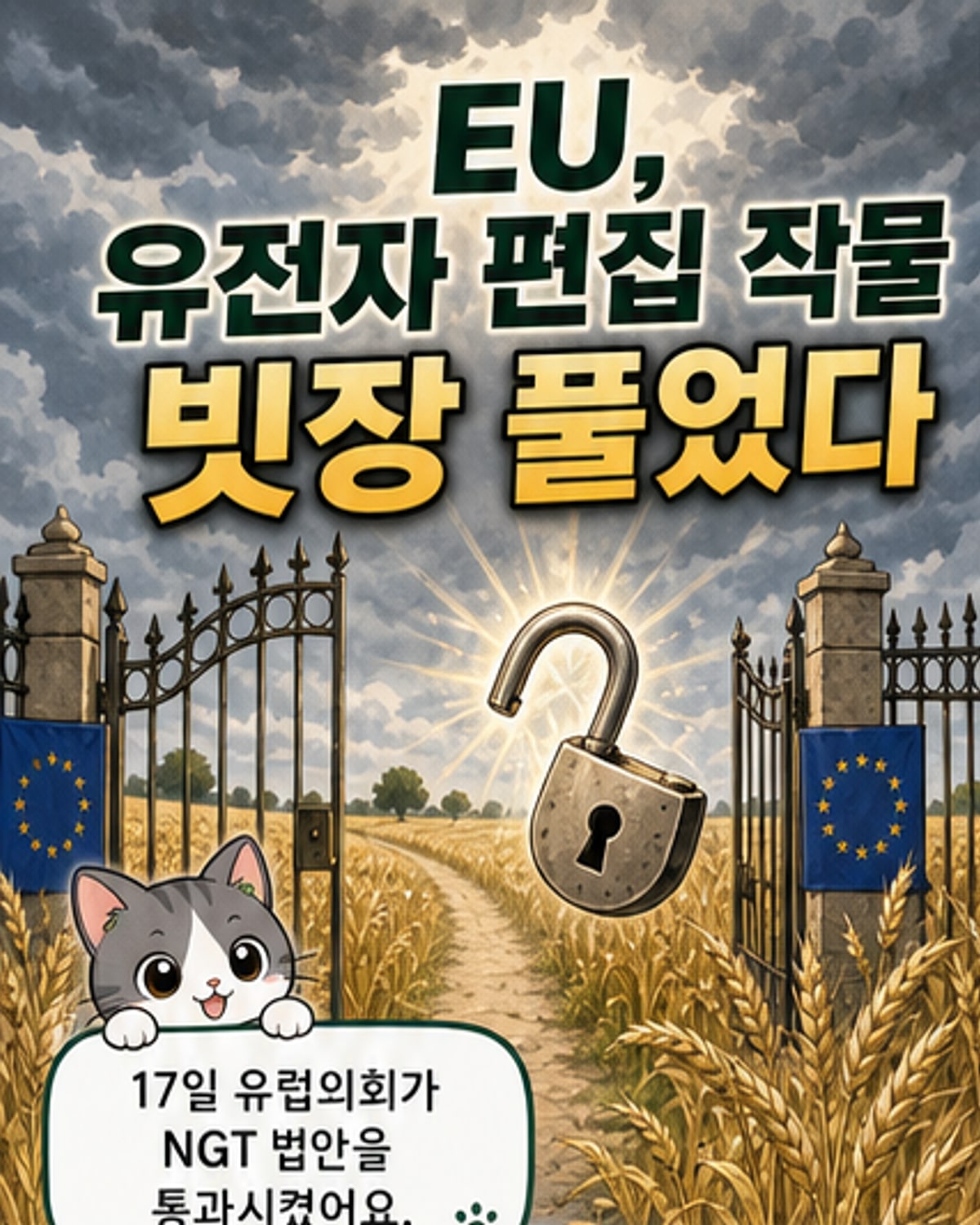 유럽의회가 유전자 편집 농작물 규제 완화 법안을 통과시킨 모습. 밀과 토마토 등 작물 일러스트와 DNA 나선 구조가 함께 표현됨
