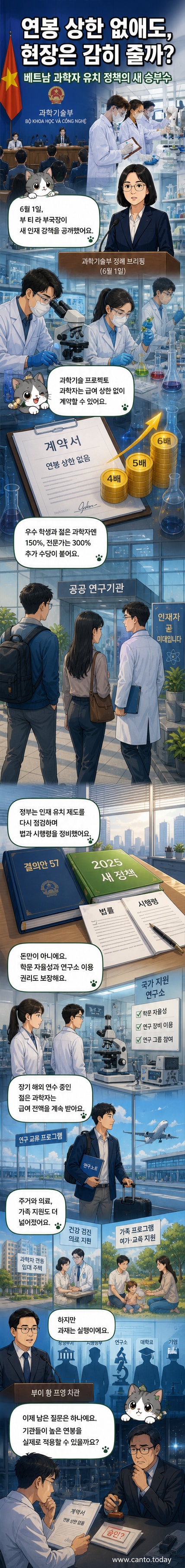 베트남 정부가 발표한 과학자 유치 정책을 설명하는 일러스트. 무제한 연봉과 6배 보너스가 강조되어 있고, 연구자들이 연구소에서 일하는 장면이 포함됨.
