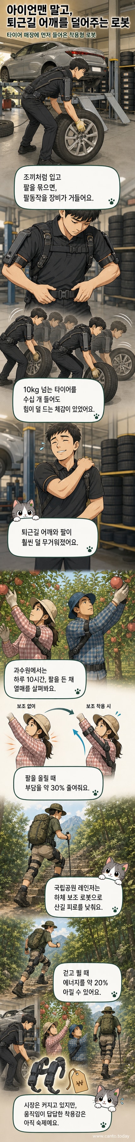 작업자가 착용형 로봇을 입고 타이어를 들어 올리는 모습