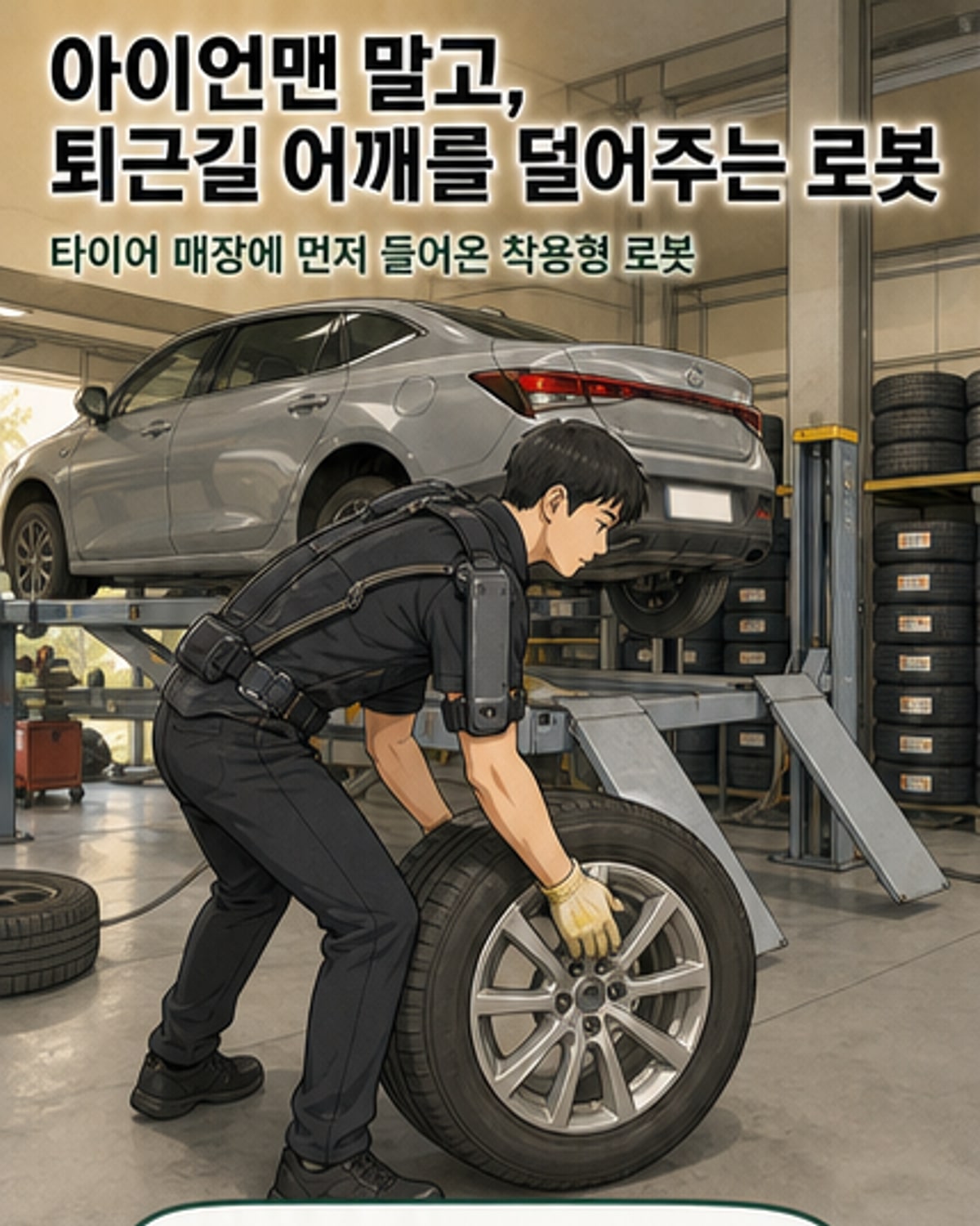 작업자가 착용형 로봇을 입고 타이어를 들어 올리는 모습
