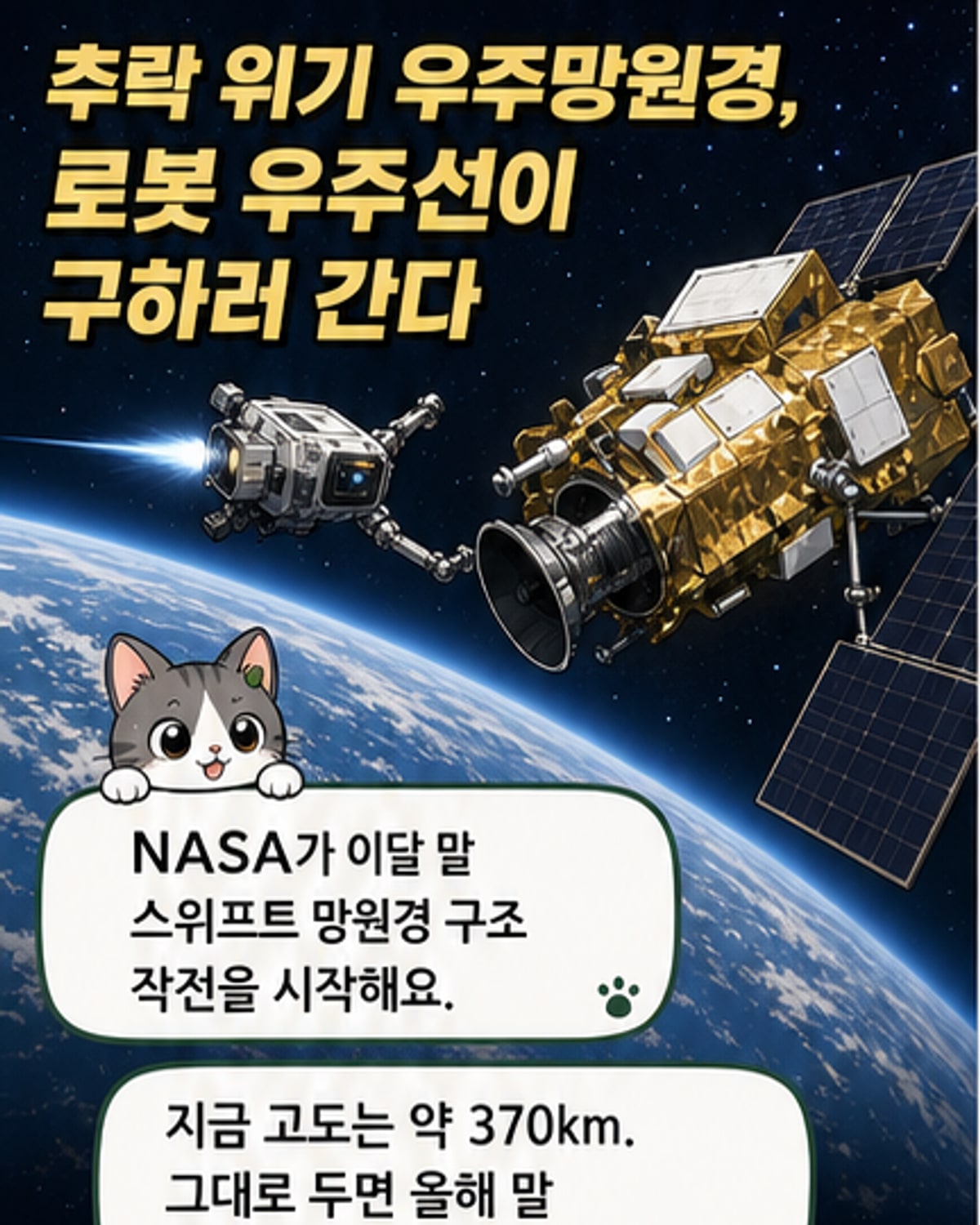 상상도: 지구 궤도에서 링크 우주선이 스위프트 망원경을 밀어 올리는 장면