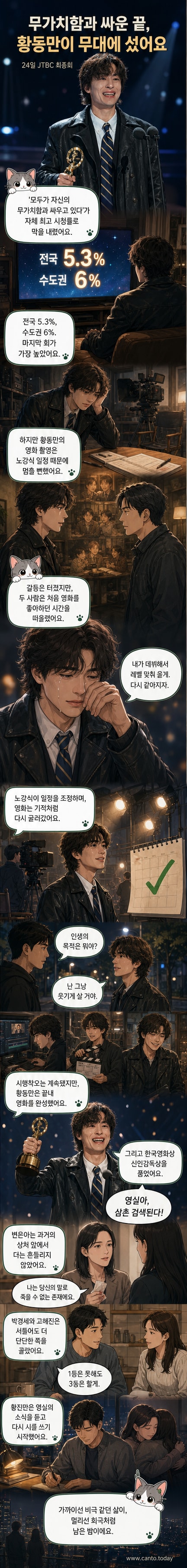 드라마 '모두가 자신의 무가치함과 싸우고 있다'의 주요 등장인물들이 따뜻한 분위기 속에서 웃고 있는 장면. 가운데 구교환이 신인감독상 트로피를 들고 있다.