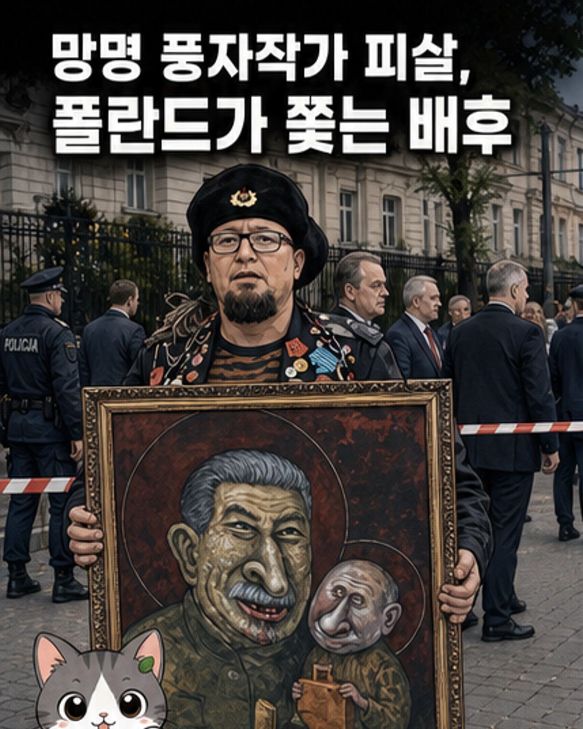 러시아 반체제 작가 시몬 스크레페츠키의 초상과 폴란드에서의 총격 사건 현장, 체포된 용의자 관련 정보를 시각적으로 정리한 웹툰 뉴스 커버
