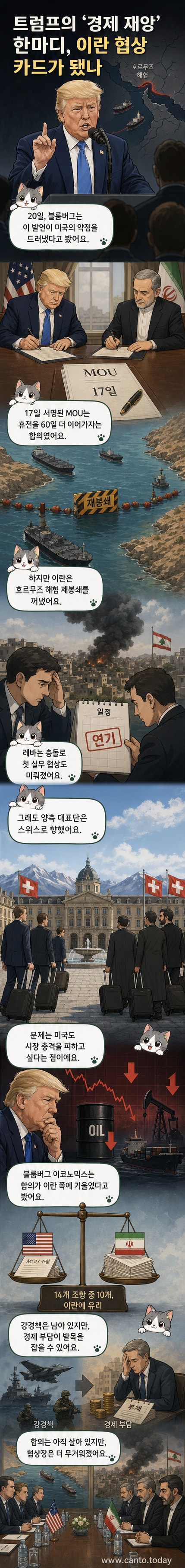 트럼프 미국 대통령과 페제시키안 이란 대통령이 서명한 종전 MOU 문서를 들고 있는 사진. 배경에는 미국과 이란 국기가 보입니다.