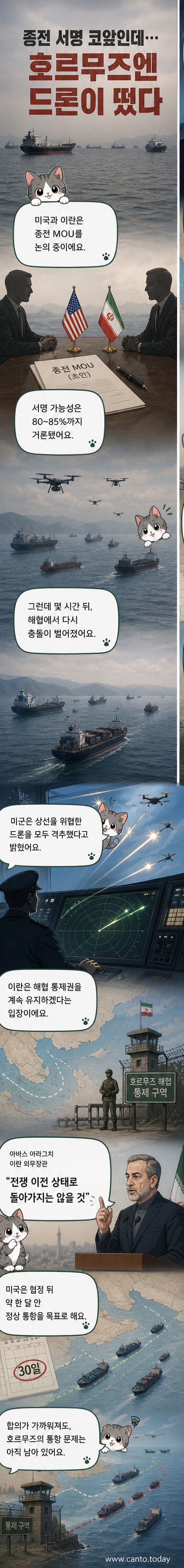 호르무즈 해협 위성 지도 위로 미군 전투기와 이란 드론이 대치하는 장면을 상징적으로 묘사한 일러스트