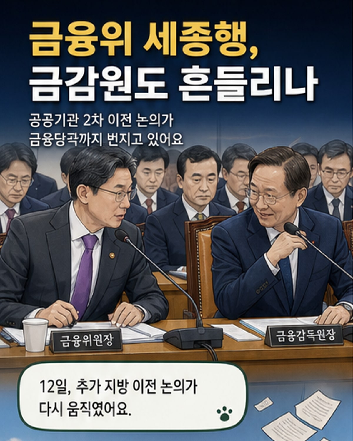 서울의 국회에서 대화를 나누는 금융위원장과 금감원장. 정부의 지방 이전 정책 논의 속에서 두 기관의 미래가 주목받고 있습니다.