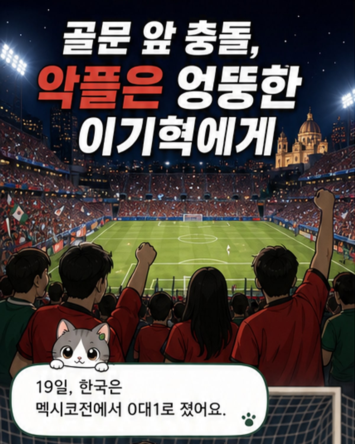 배우 이기혁의 사진과 월드컵 경기 중 실수 장면을 나란히 보여주는 패널. 한쪽은 무대 위의 배우이고, 다른 한쪽은 축구장에서의 충돌 장면이다.
