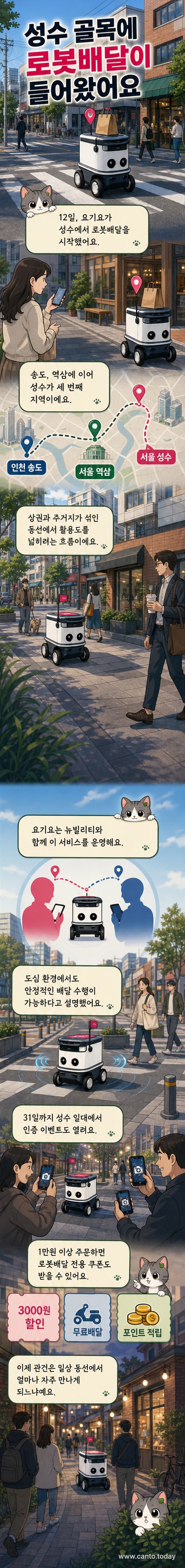 서울 성수동 거리에서 자율주행 로봇이 음식을 배달하는 모습. 보행자와 도로를 따라 안정적으로 이동 중이며, 요기요 로고가 부착되어 있다.