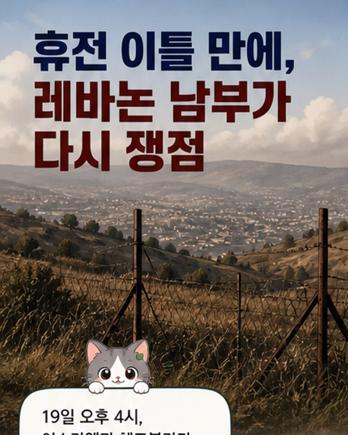 이스라엘군과 헤즈볼라가 레바논 남부 주둔 문제로 대치하는 가운데, 파괴된 건물과 군사 작전 장면을 배경으로 한 일러스트.