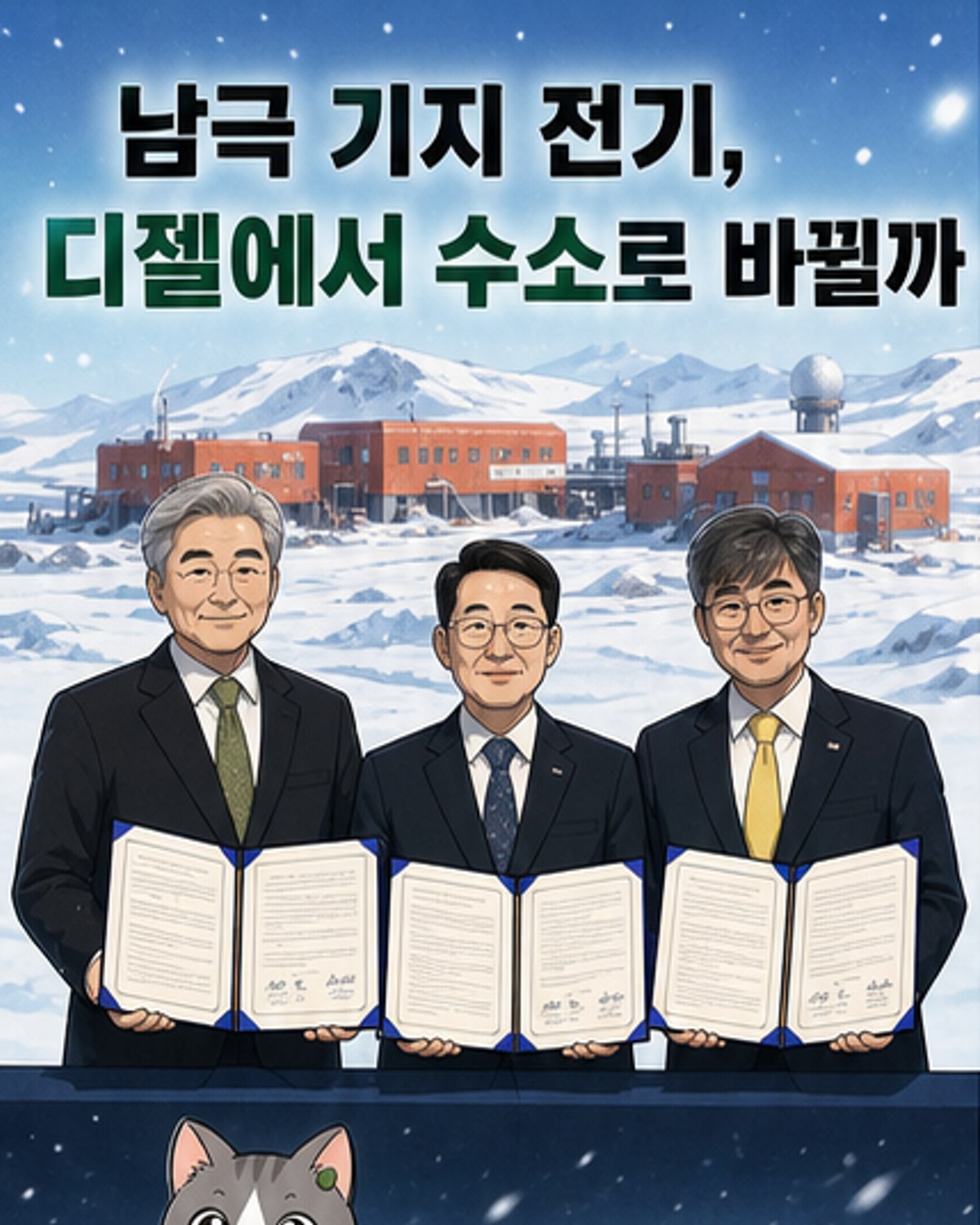 남극 세종과학기지에서 태양광 패널과 수소 저장장치가 설치된 그린수소 그리드 시스템의 개념도