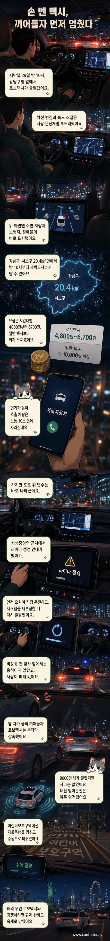 서울 강남에서 운행 중인 SWM 로보택시 내부. 운전석 안전 요원의 손이 무릎 위에 놓여 있고, 조수석 뒤 디스플레이에는 주변 차량과 장애물이 실시간으로 표시되고 있다.