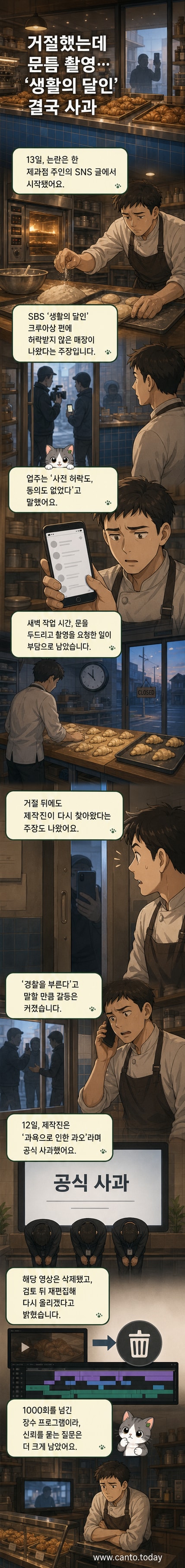 SBS '생활의 달인' 로고와 함께 빵집 앞에서 촬영하는 스태프들의 모습을 묘사한 일러스트