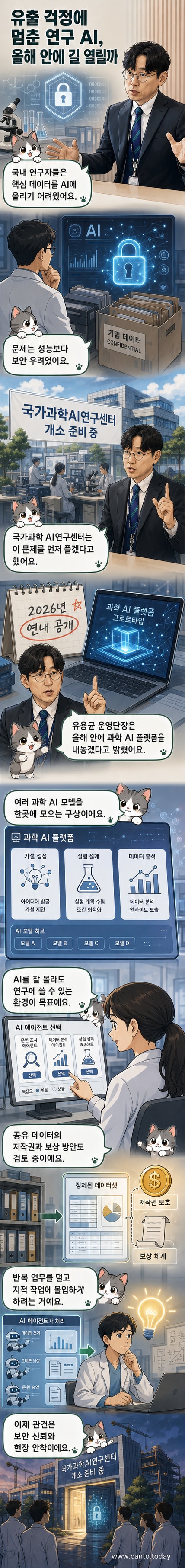 연구자가 화면 속 다양한 AI 모듈을 선택해 과학 실험 설계를 진행하는 모습. 배경에는 '과학 AI 플랫폼'이라는 로고와 데이터 흐름이 시각화되어 있음.