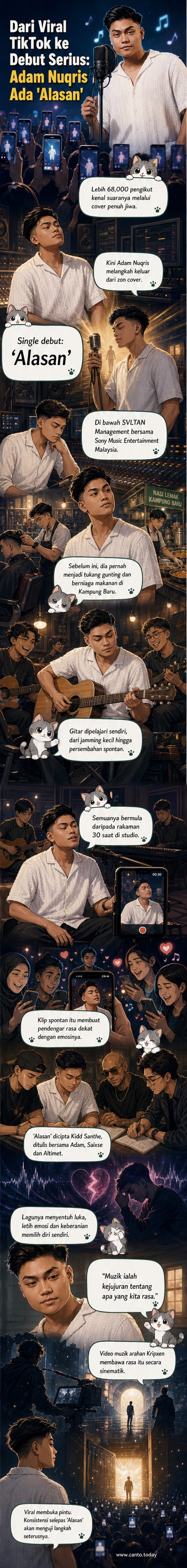 Penyanyi muda Adam Nuqris berdiri di hadapan mikrofon dalam studio, cahaya redup menonjolkan ekspresi emosinya, di sekelilingnya gambaran latar belakang gerai makanan dan gunting rambut sebagai simbol perjalanan hidupnya.