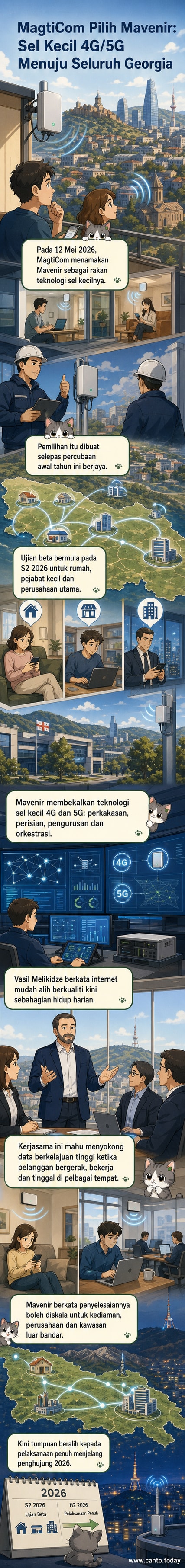 Ilustrasi menunjukkan menara kecil 5G di kota Georgia dengan sambungan rangkaian moden, melambangkan peluasan liputan digital negara.