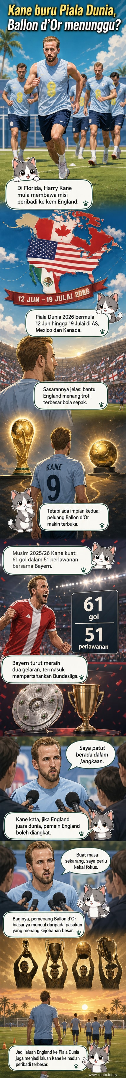 Ilustrasi Harry Kane memegang trofi Piala Dunia sambil melihat ke langit, dengan bola sepak dan anugerah Ballon d’Or mengapung di sekelilingnya.
