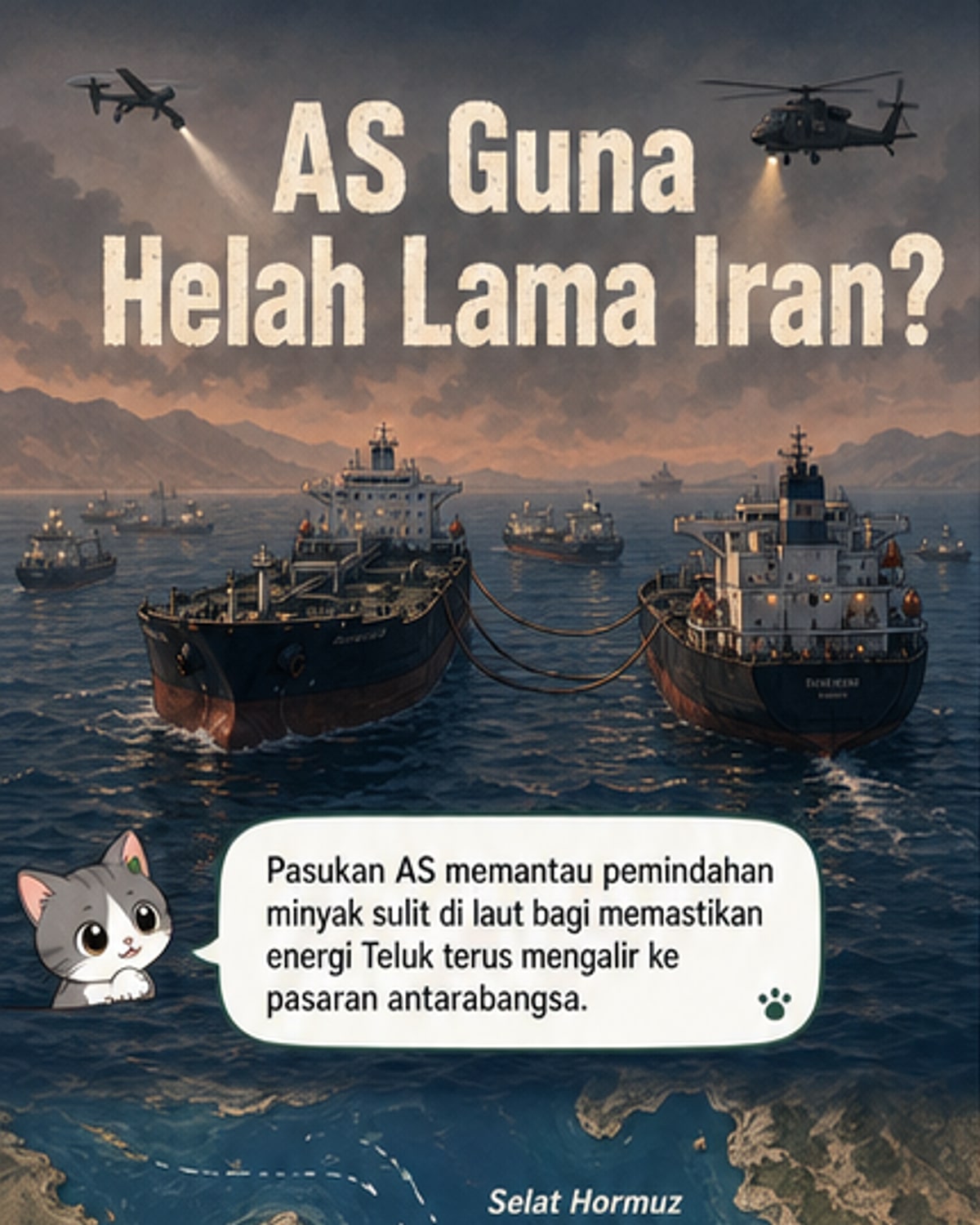Ilustrasi kapal tangki minyak berlabuh bersebelahan di laut lepas, dengan helikopter Apache terbang rendah di latar belakang dan imej satelit menunjukkan rangkaian pergerakan kapal di Teluk Oman.