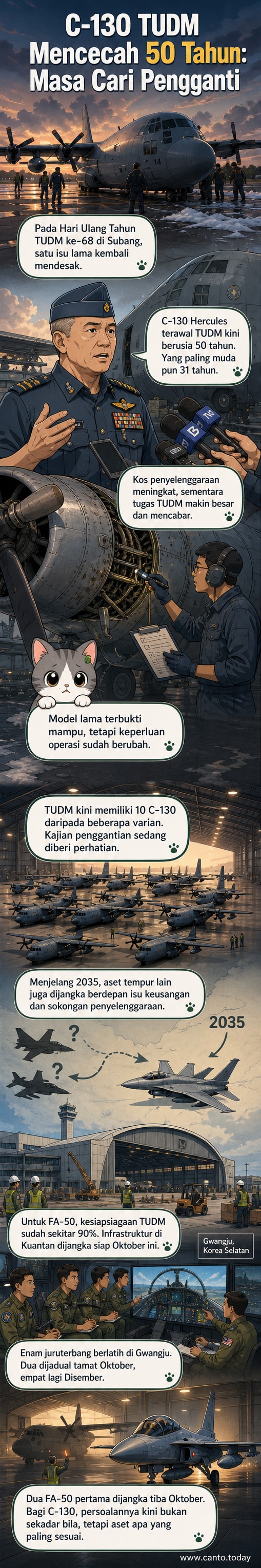 Ilustrasi pesawat tentera C-130 Hercules dan FA-50 berdampingan, menunjukkan peralihan generasi dalam armada TUDM.