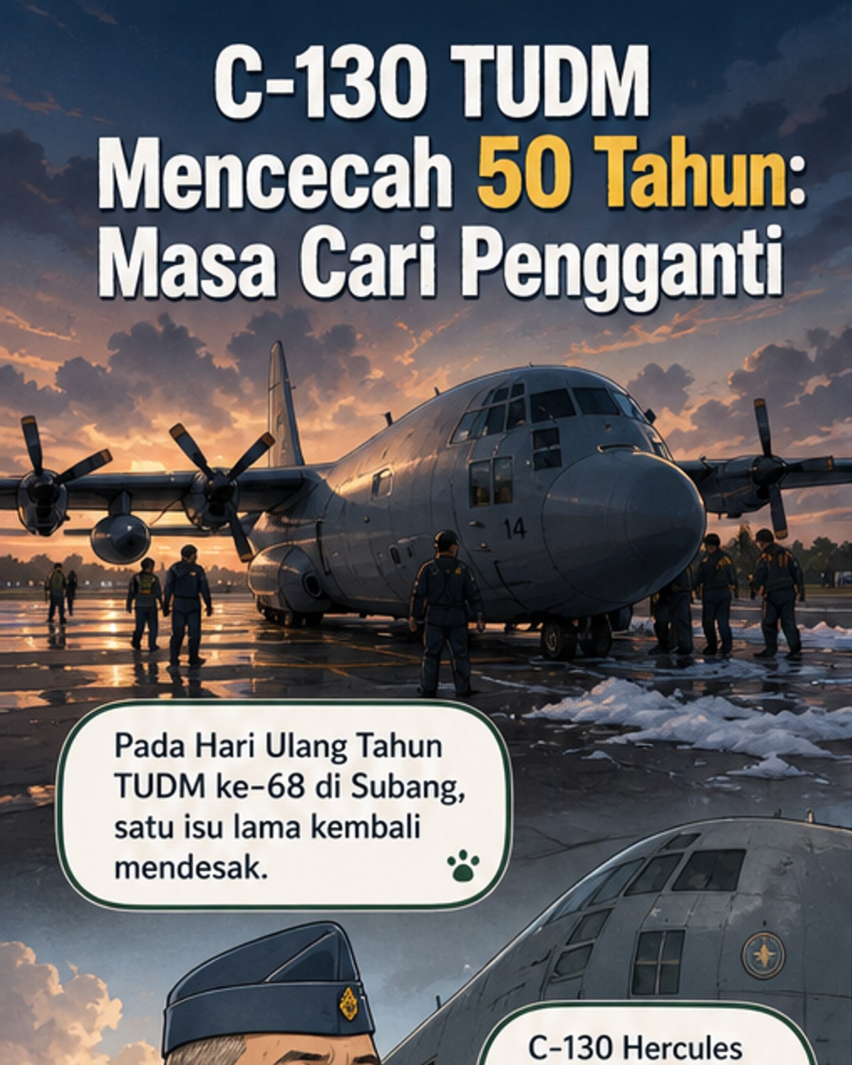 Ilustrasi pesawat tentera C-130 Hercules dan FA-50 berdampingan, menunjukkan peralihan generasi dalam armada TUDM.