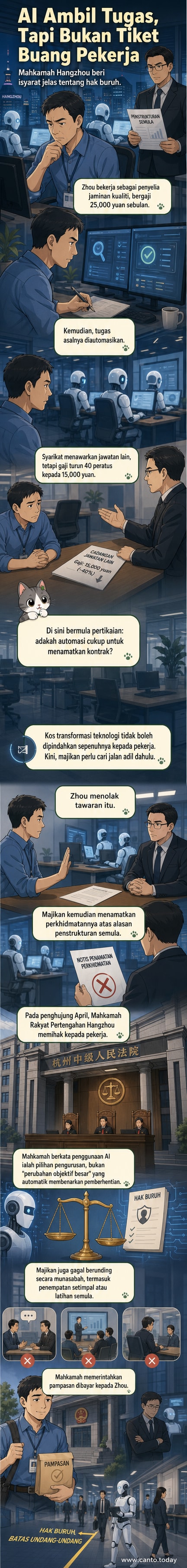 Ilustrasi pekerja manusia berdiri di sebelah robot AI dengan latar belakang mahkamah, menunjukkan konflik antara automasi dan hak pekerja di China.