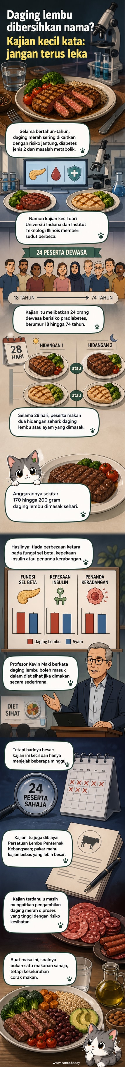 Ilustrasi dua pinggan makanan: satu dengan daging lembu panggang, satu lagi dengan ayam goreng, di atas meja kayu dengan sayuran segar di sebelahnya.