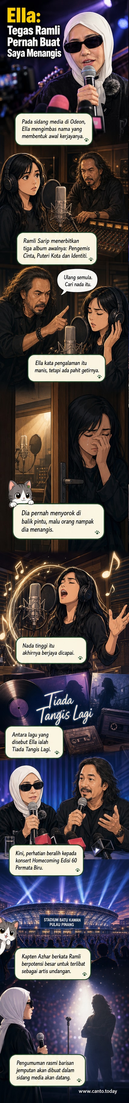 Gambar seni hitam putih menunjukkan penyanyi wanita menangis di sebalik pintu studio rakaman, dengan bayangan produser tegas di seberang ruang.