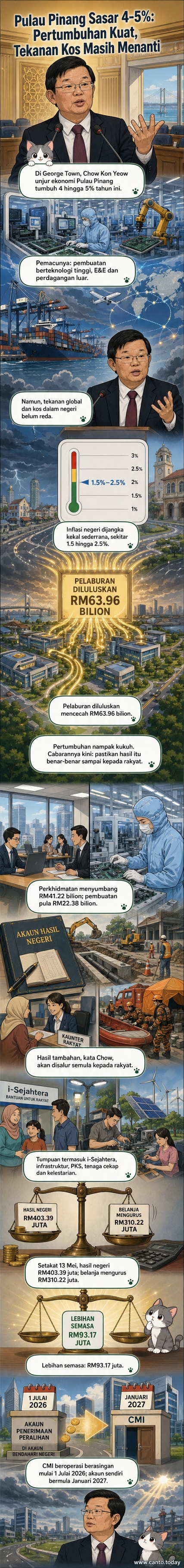 Ilustrasi peta Pulau Pinang dengan grafik pertumbuhan ekonomi, simbol pelaburan, dan ikon industri E&E.