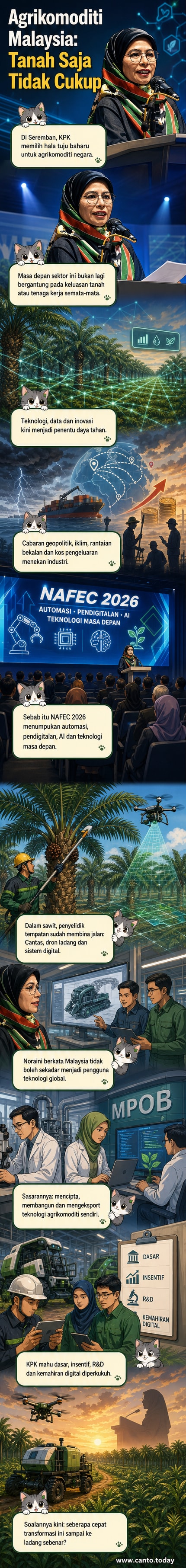 Ilustrasi ladang sawit moden dengan dron terbang di atas ladang, mesin penuaian automatik, dan skrin digital menunjukkan data pengurusan ladang, menggambarkan transformasi teknologi dalam sektor agrikomoditi Malaysia.